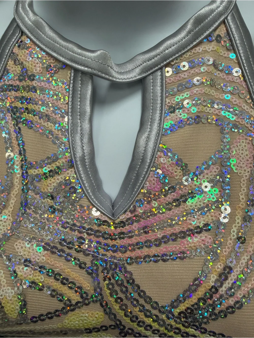 Weissman Nude and Silver Sequin Fringe Halter Dance Costume
